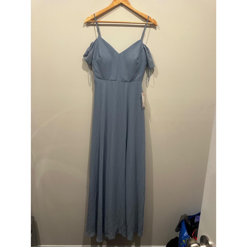 Birdy Grey Devin Chiffon Dress Dusty Blue Cold Shoulder Maxi Bridesmaid XS NEW